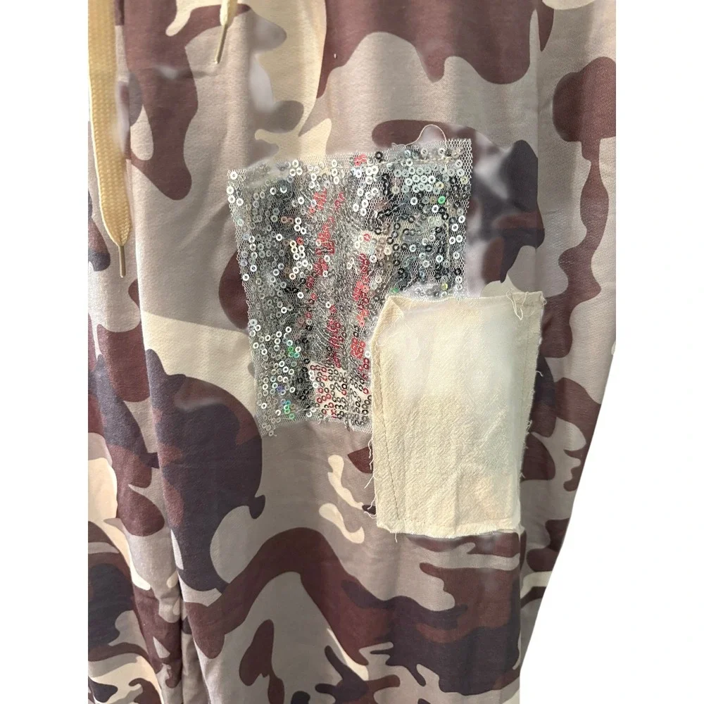 Camo‎ Print Sequin Patch Joggers Brown Tan XL Elastic Waist Drawstring Pants